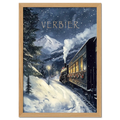 Winter Journey - Poster featuring a vintage steam train in Verbier's snowy landscape with festive charm.