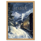 Winter Journey - Poster featuring a vintage steam train in Verbier's snowy landscape with festive charm.