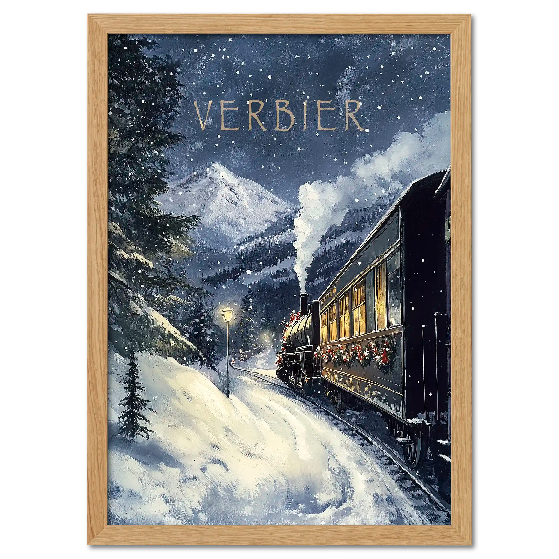 Winter Journey - Poster featuring a vintage steam train in Verbier's snowy landscape with festive charm.