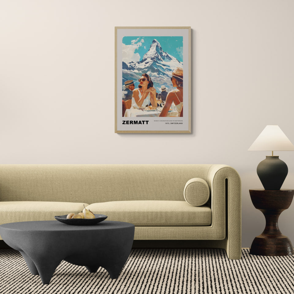 Women's conversations in Zermatt - Poster displayed in a stylish living room setting with modern decor.