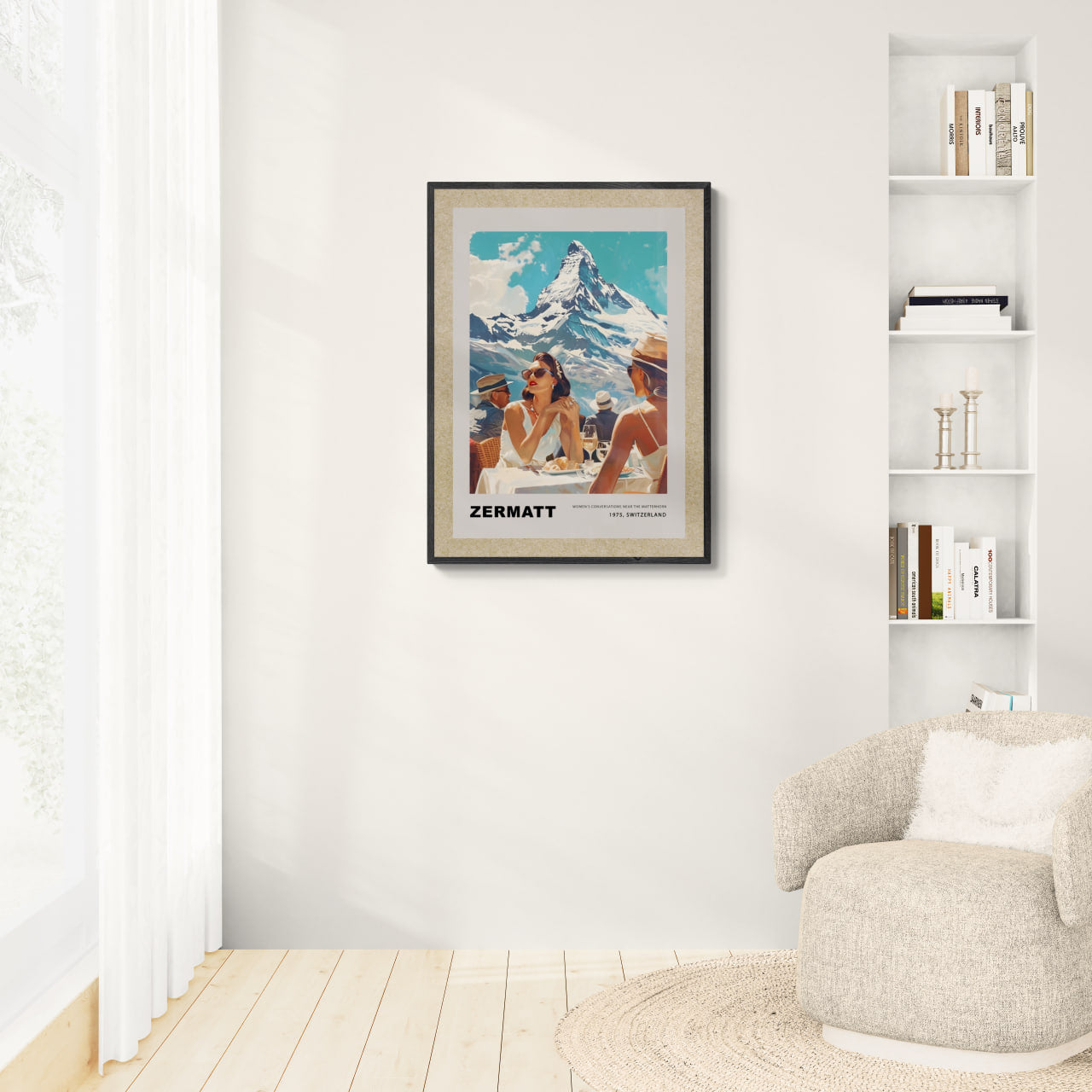 Women's conversations in Zermatt - Poster showcasing two women enjoying a summer day with the Matterhorn in the background.