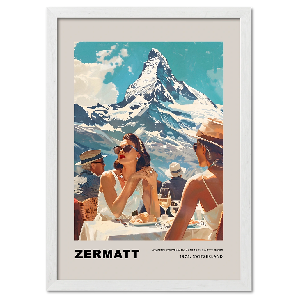 Women's conversations in Zermatt - Poster featuring two women enjoying a sunny day with the Matterhorn in the background.