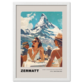 Women's conversations in Zermatt - Poster featuring two women enjoying a sunny day with the Matterhorn in the background.