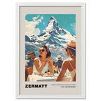Women's conversations in Zermatt - Poster featuring two women enjoying a sunny day with the Matterhorn in the background.