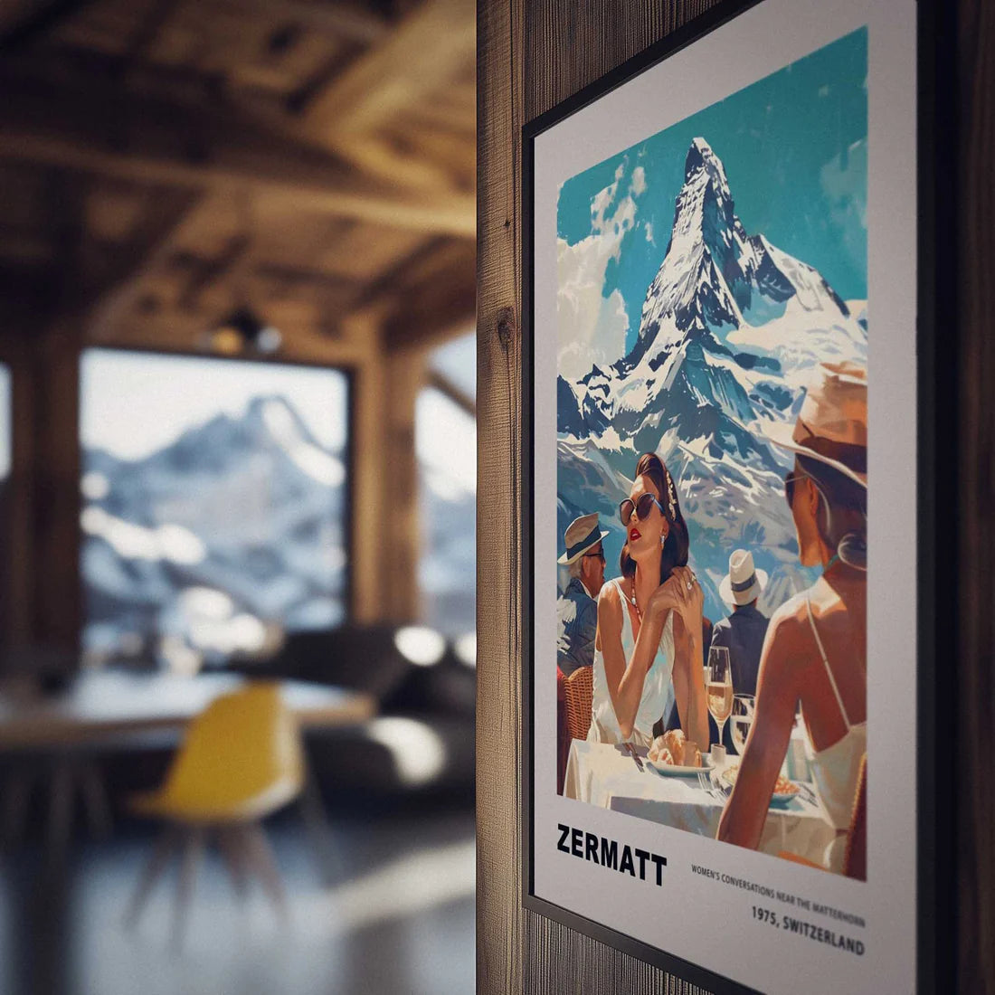 Women's conversations in Zermatt - Poster featuring women in stylish outfits near the Matterhorn.