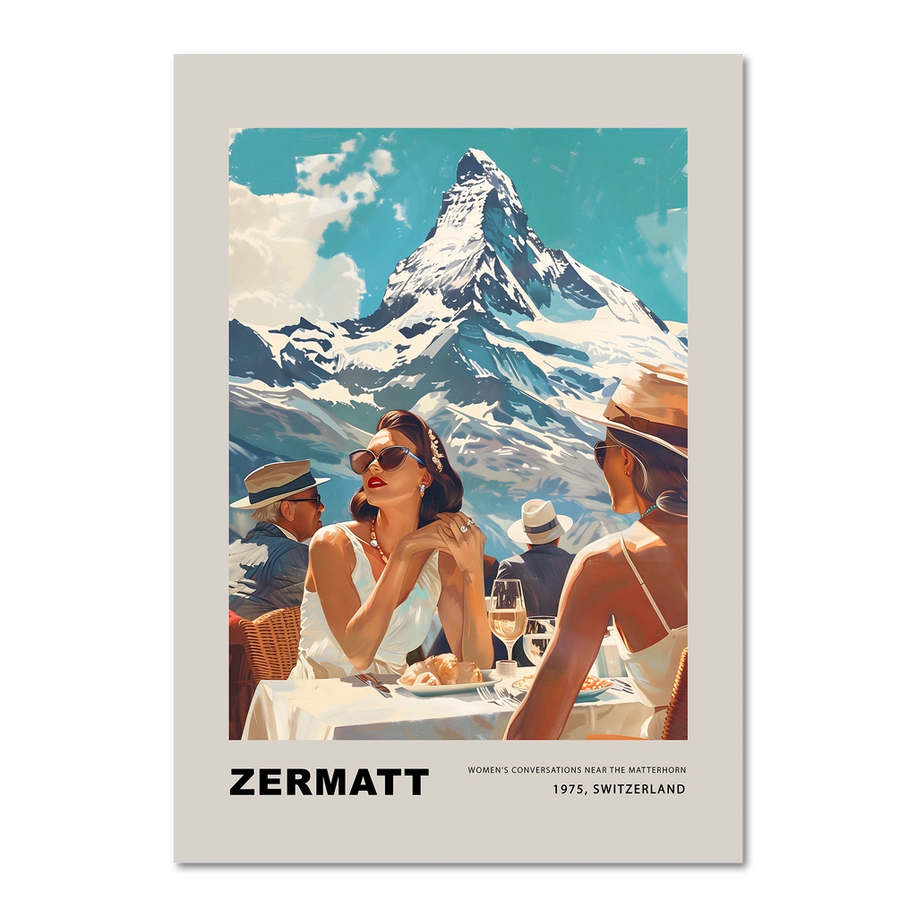 Women's conversations in Zermatt - Poster featuring women enjoying a sunny day with the Matterhorn backdrop.