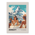 Women's conversations in Zermatt - Poster featuring women enjoying a sunny day with the Matterhorn backdrop.