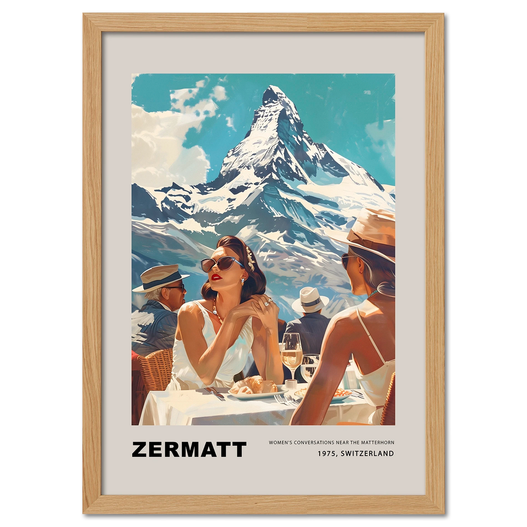 Women's conversations in Zermatt - Poster featuring two women enjoying a sunny day with the Matterhorn in the background.