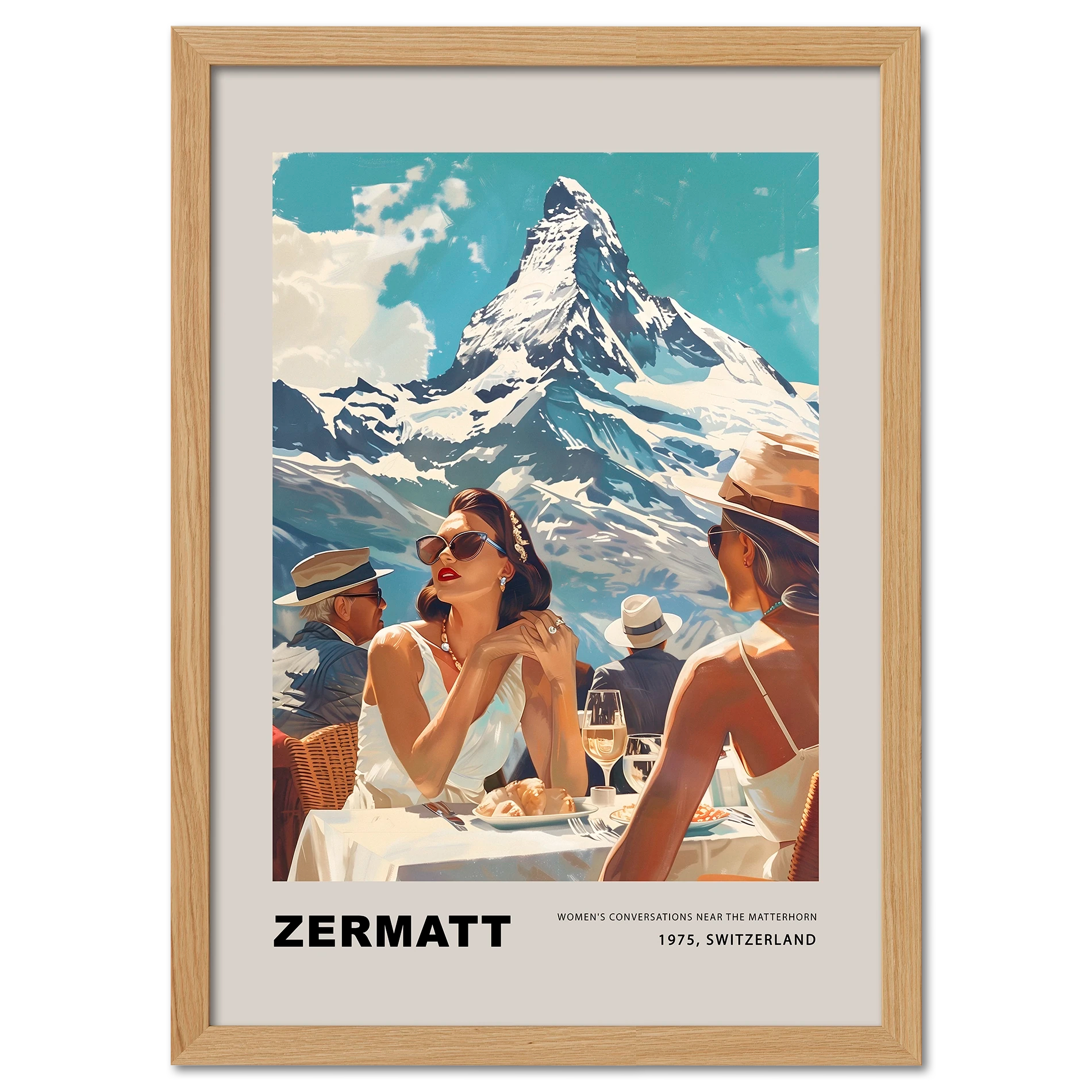 Women's conversations in Zermatt - Poster featuring two women enjoying a sunny day with the Matterhorn in the background.