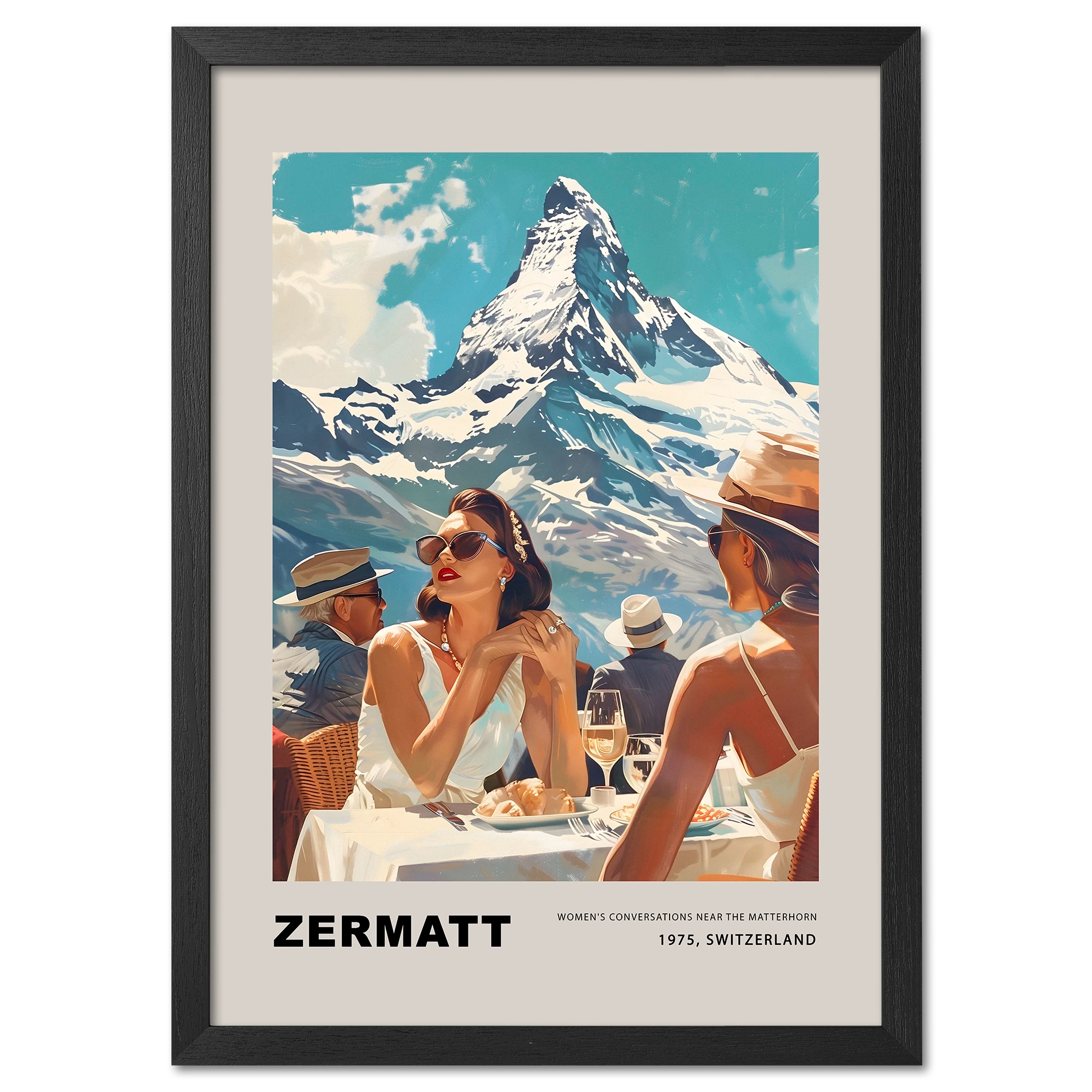 Women's conversations in Zermatt - Poster featuring women outdoors with Matterhorn backdrop.