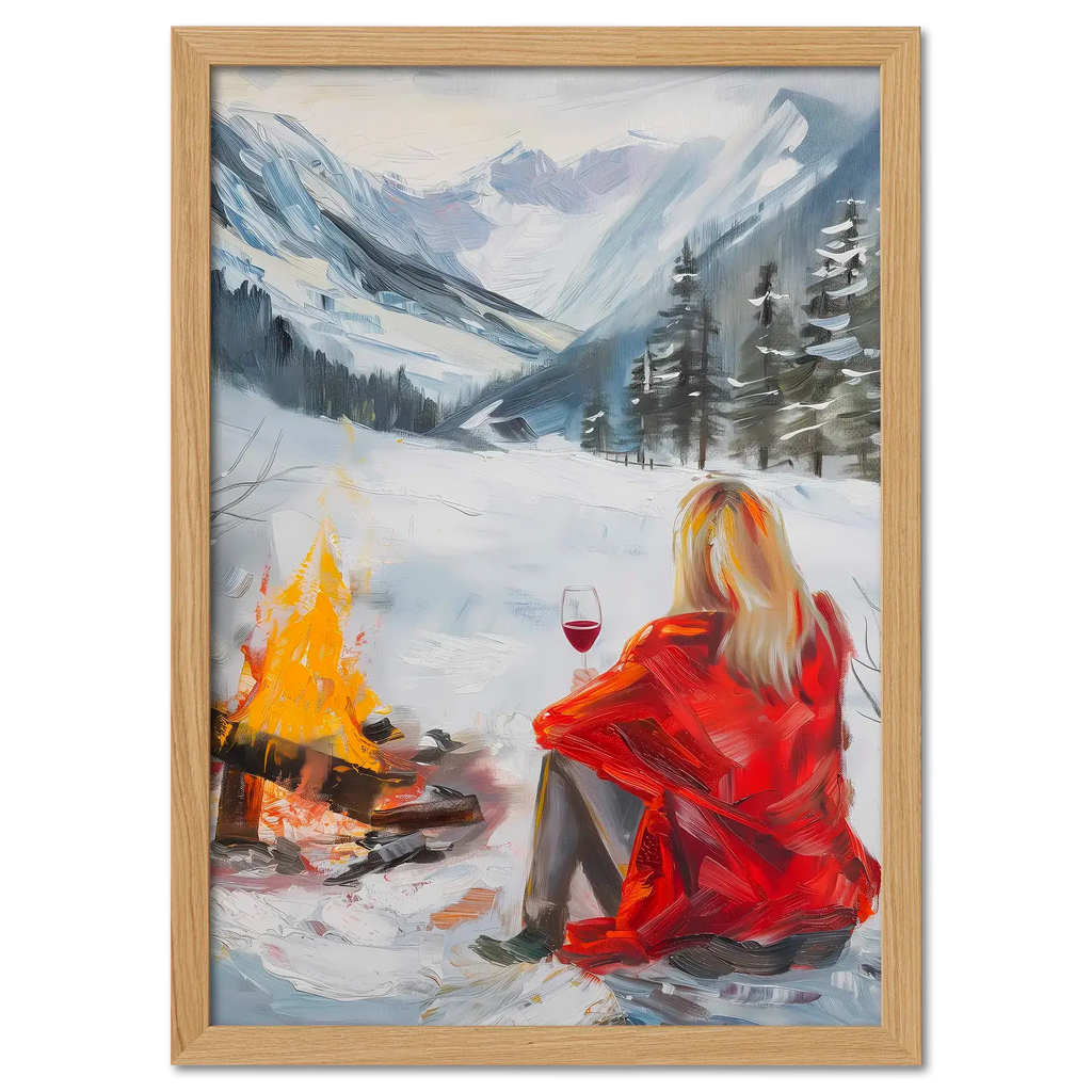 You're not alone with Wine - Poster depicting a woman in a red coat by a campfire in a snowy valley.