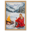 You're not alone with Wine - Poster depicting a woman in a red coat by a campfire in a snowy valley.