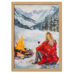 You're not alone with Wine - Poster depicting a woman in a red coat by a campfire in a snowy valley.