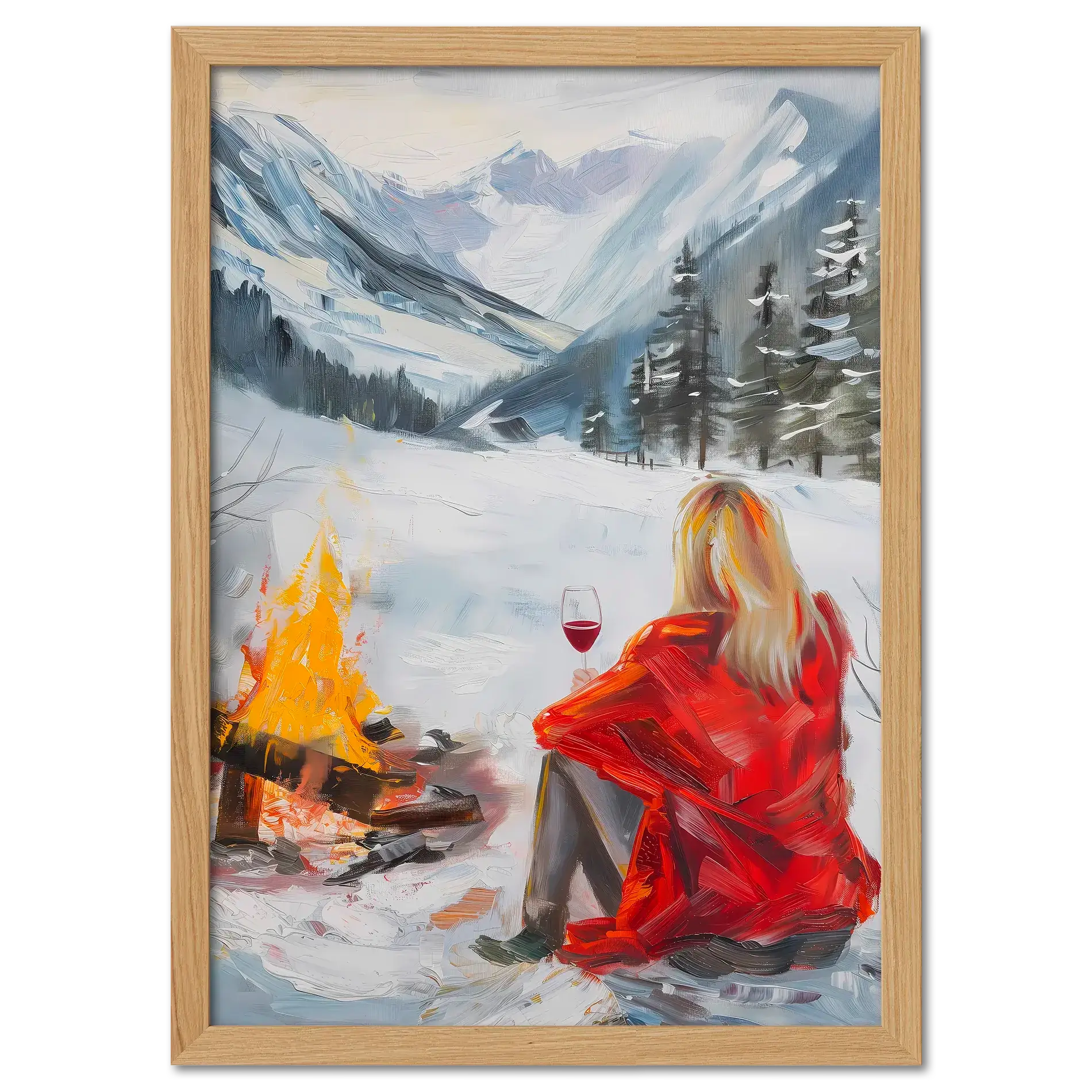 You're not alone with Wine - Poster depicting a woman in a red coat by a campfire in a snowy valley.