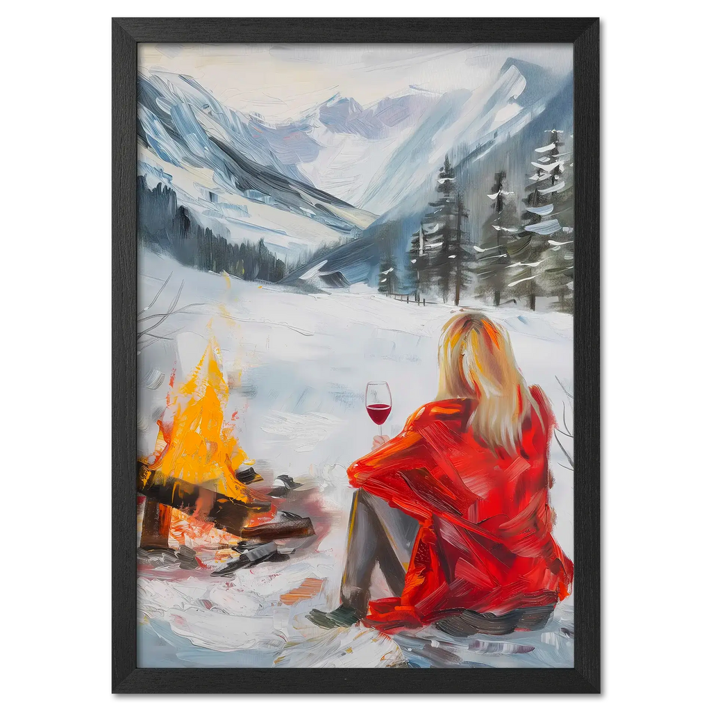 You're not alone with Wine - Poster, a serene image of a woman by a campfire in a snowy valley holding a glass of wine.