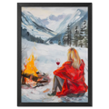 You're not alone with Wine - Poster, a serene image of a woman by a campfire in a snowy valley holding a glass of wine.