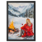 You're not alone with Wine - Poster, a serene image of a woman by a campfire in a snowy valley holding a glass of wine.