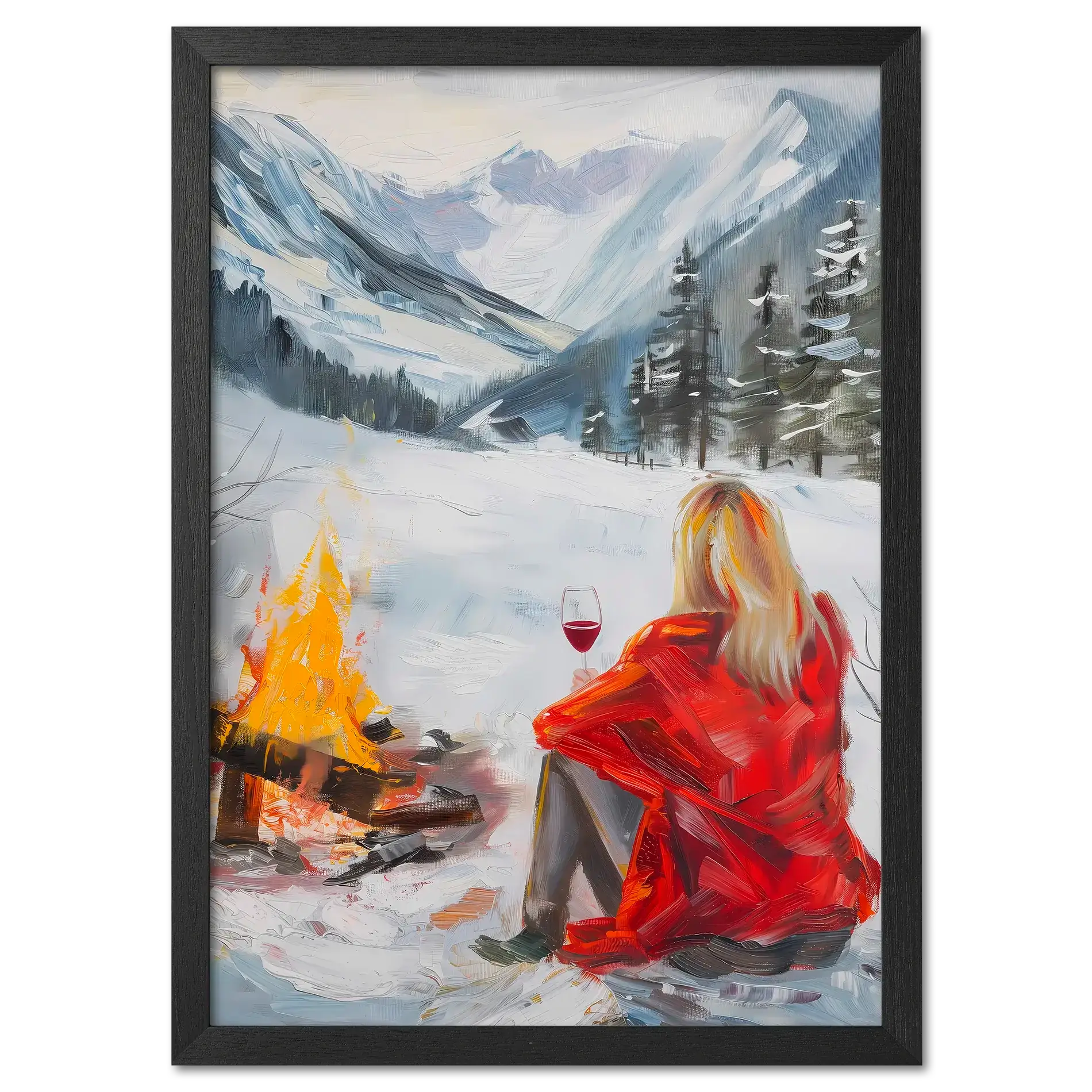 You're not alone with Wine - Poster, a serene image of a woman by a campfire in a snowy valley holding a glass of wine.