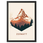 Zermatt – Alpine Majesty - Poster featuring the iconic Matterhorn with warm earth tones and a forest silhouette.
