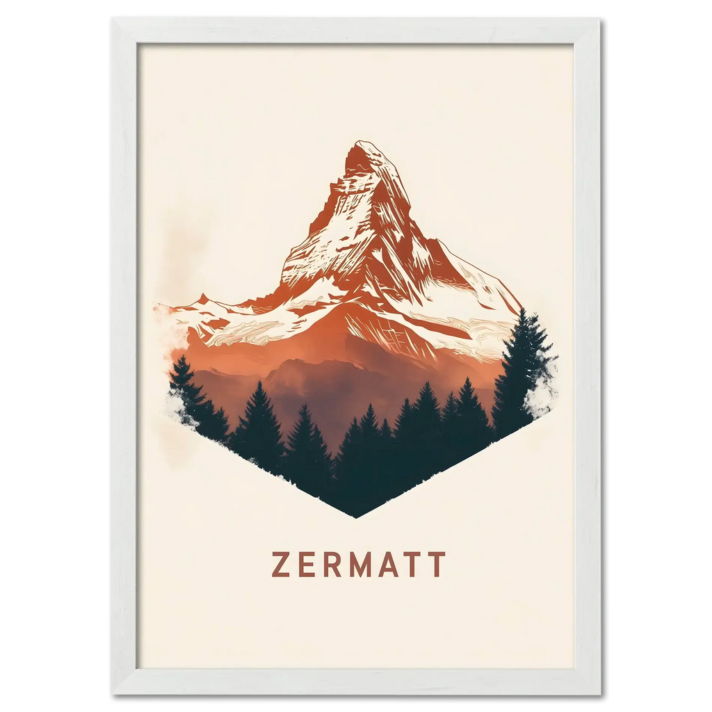 Zermatt – Alpine Majesty - Poster featuring the iconic Matterhorn in warm tones and forest silhouette.