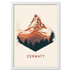 Zermatt – Alpine Majesty - Poster featuring the iconic Matterhorn in warm tones and forest silhouette.