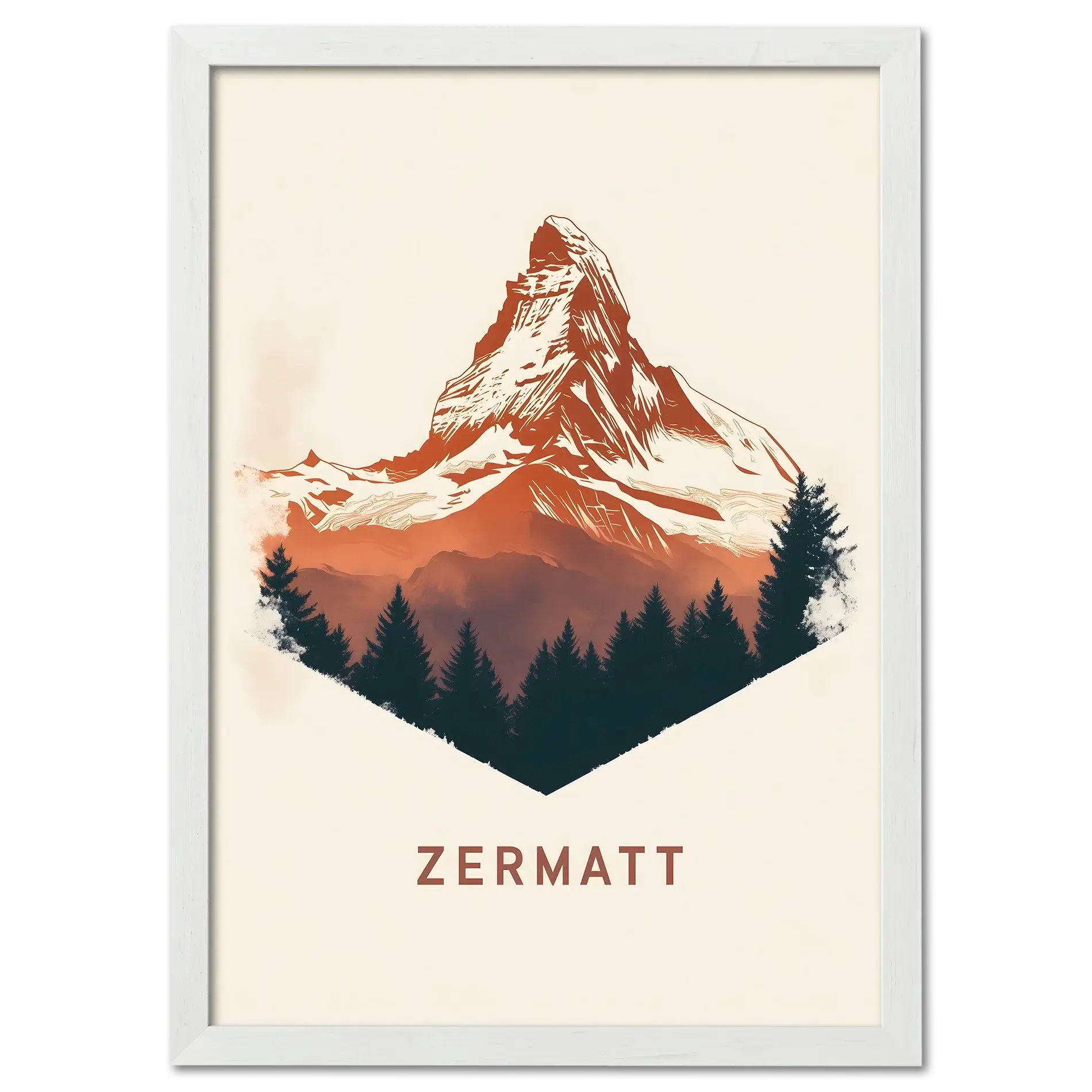 Zermatt – Alpine Majesty - Poster featuring the iconic Matterhorn in warm tones and forest silhouette.