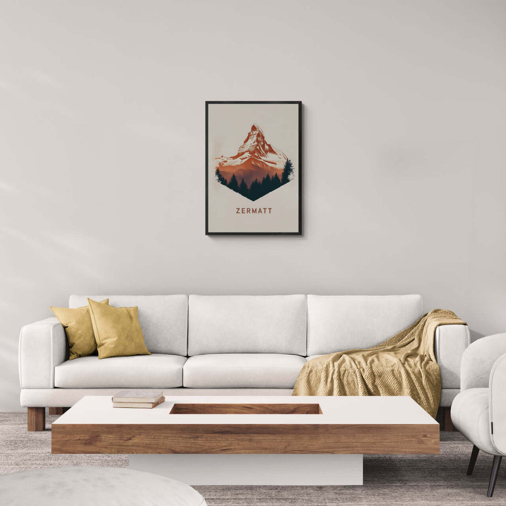 Zermatt – Alpine Majesty - Poster displayed in a modern living room above a large white coffee table.