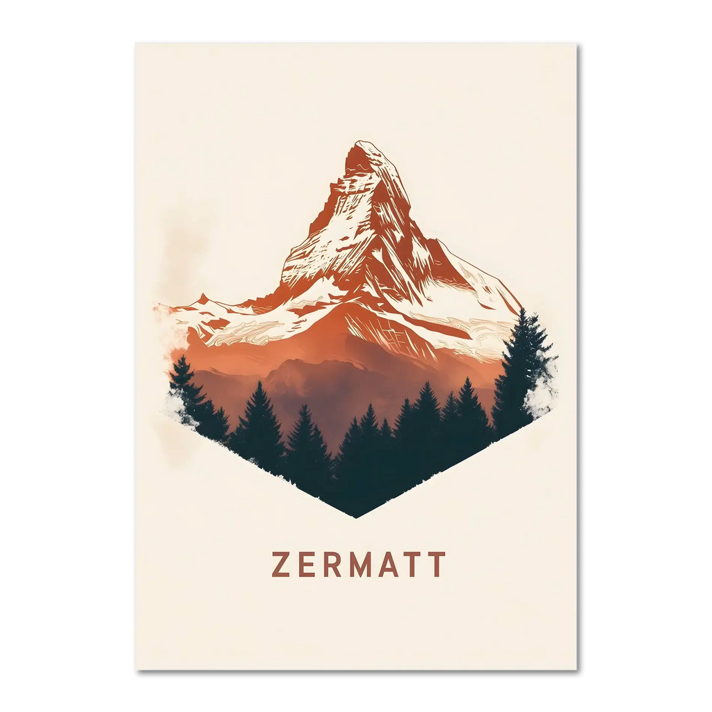 Zermatt – Alpine Majesty - Poster featuring the iconic Matterhorn with bold lines and warm tones.