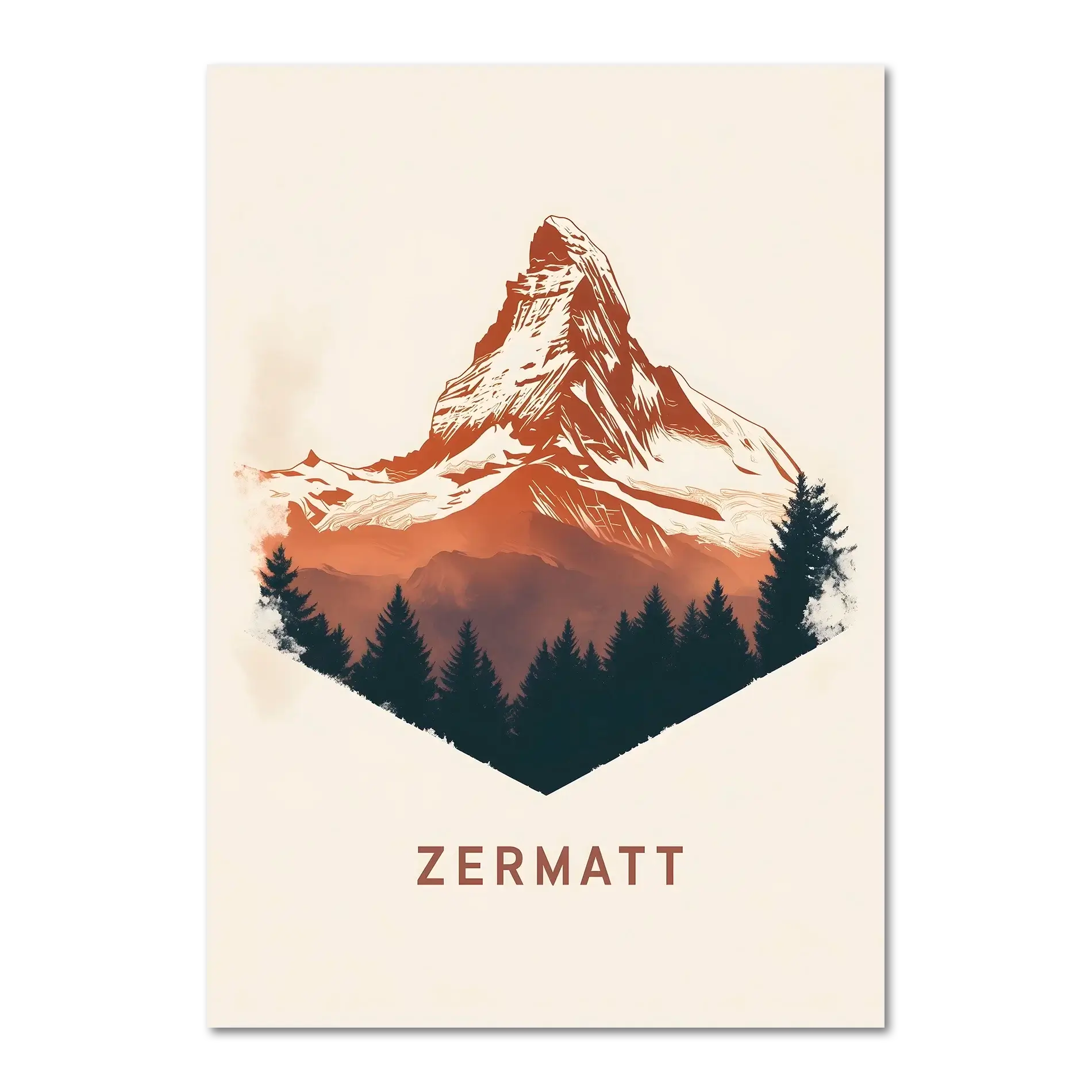 Zermatt – Alpine Majesty - Poster featuring the iconic Matterhorn with bold lines and warm tones.