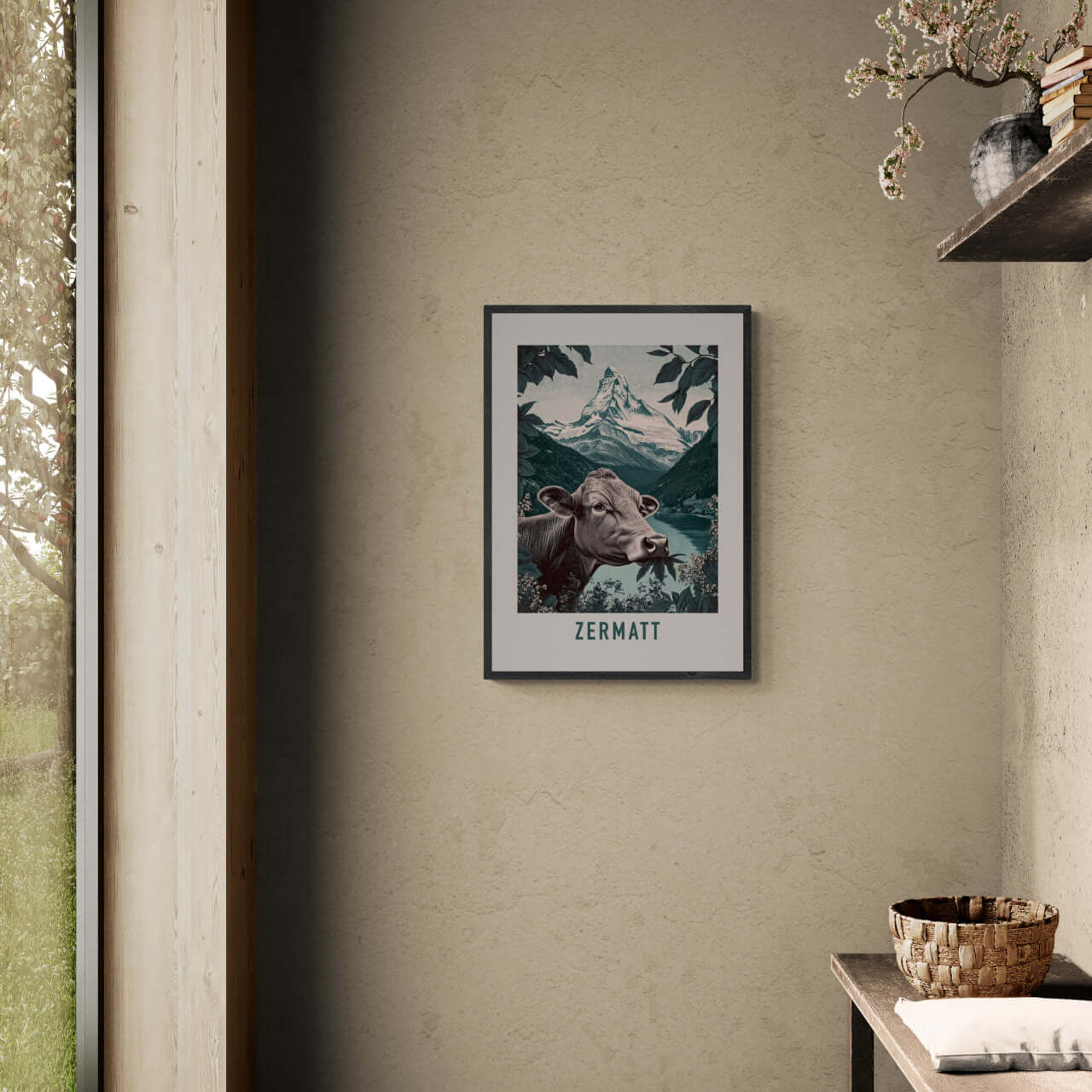 The Essence of Zermatt - Poster featuring a cow and the Matterhorn in a serene alpine setting.