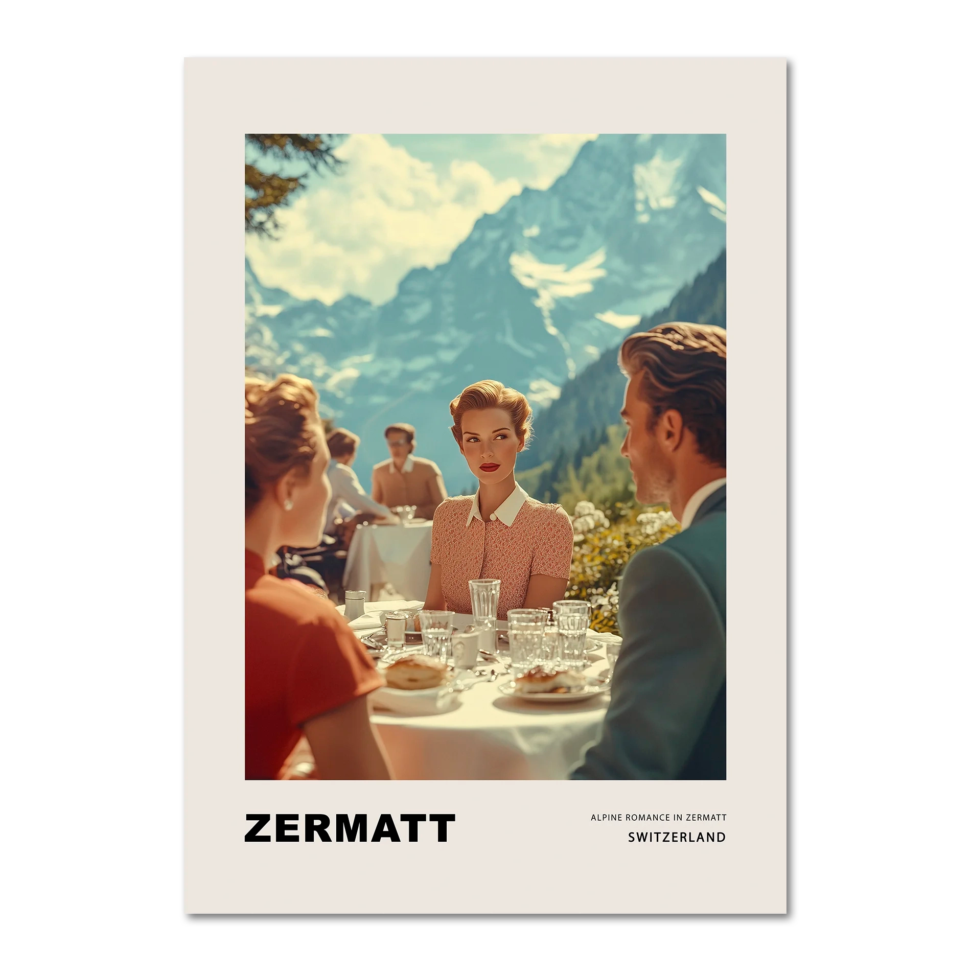 Alpine Romance in Zermatt - Poster featuring elegantly dressed people enjoying lunch in Zermatt's stunning alpine scenery.