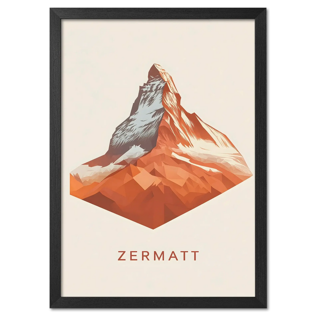 Zermatt – The Iconic Matterhorn - Poster featuring a geometric mountain design in warm tones and minimalist style.