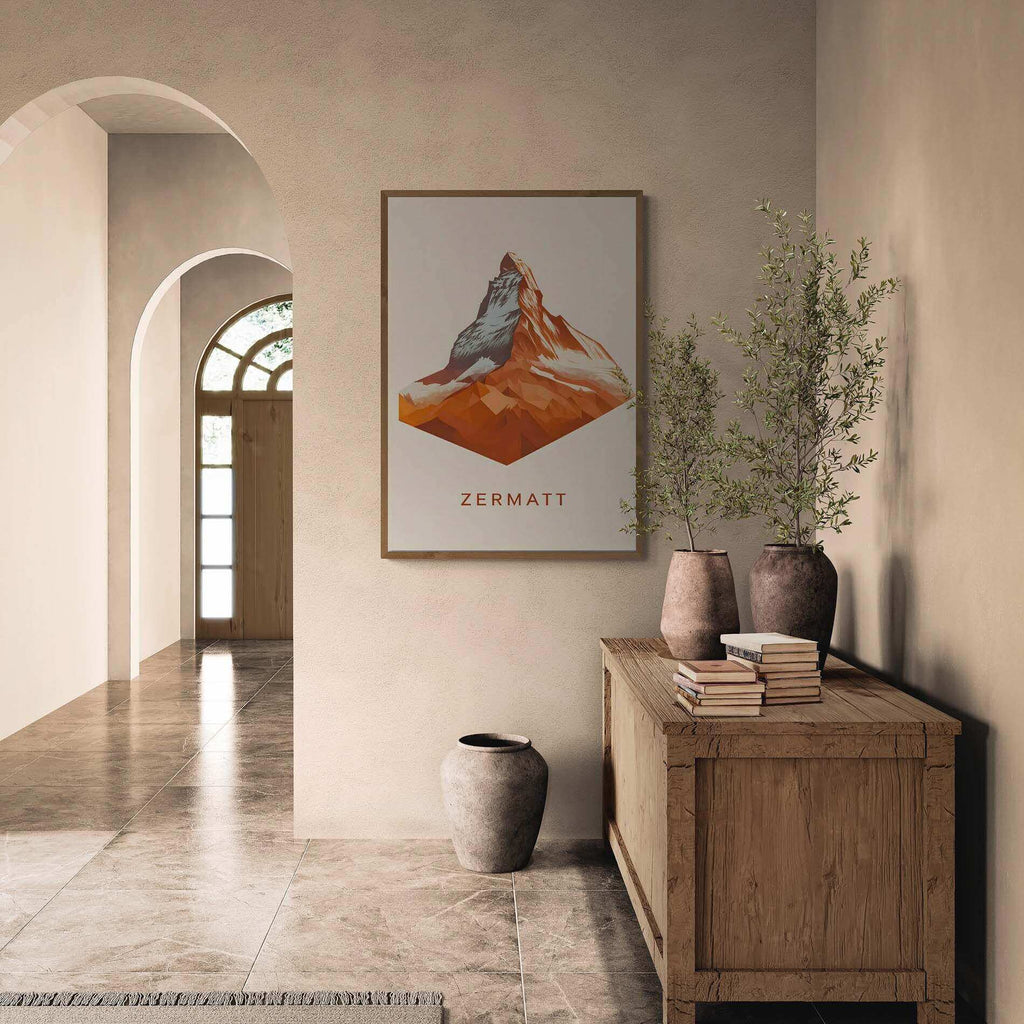 Zermatt – The Iconic Matterhorn - Poster displayed in a modern interior with warm tones and minimalist design.