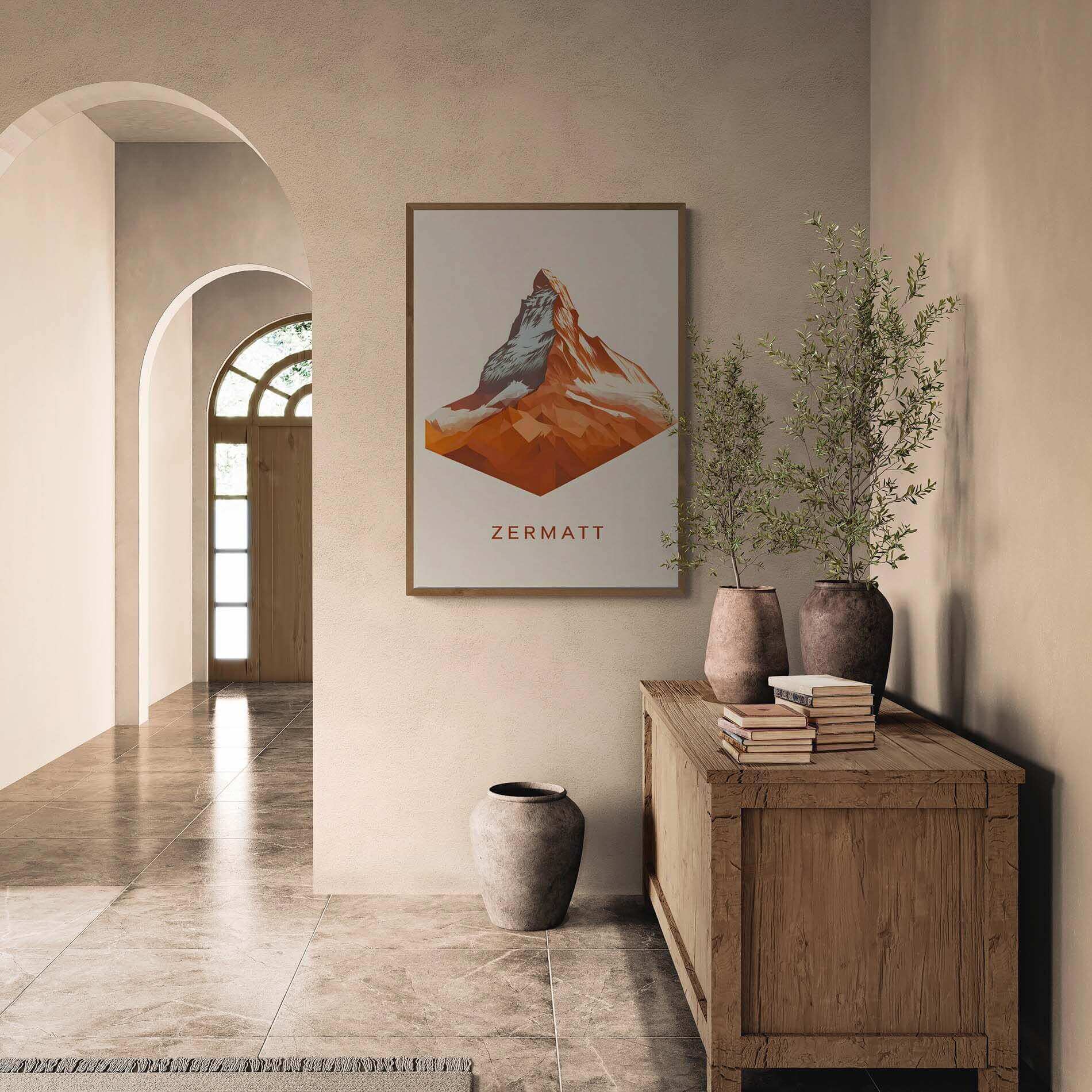 Zermatt – The Iconic Matterhorn - Poster displayed in a modern interior with warm tones and minimalist design.