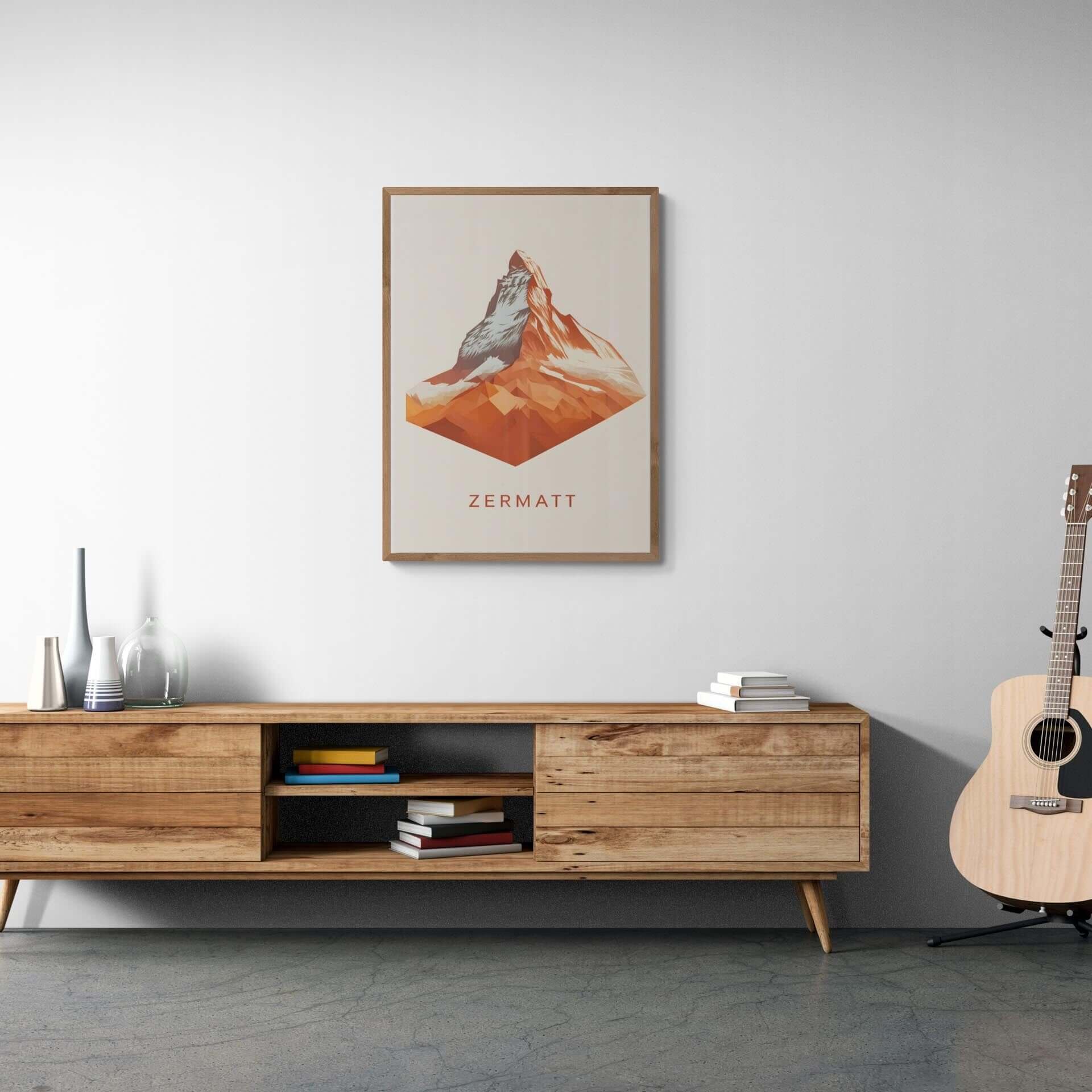 Zermatt – The Iconic Matterhorn - Poster displayed in a modern living room with natural wood furniture.