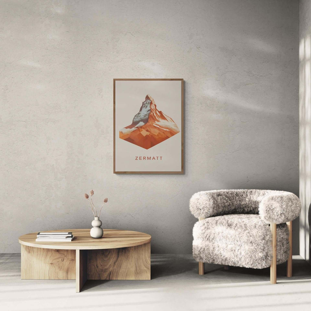 Zermatt – The Iconic Matterhorn - Poster displayed in a modern minimalist living room with soft lighting.