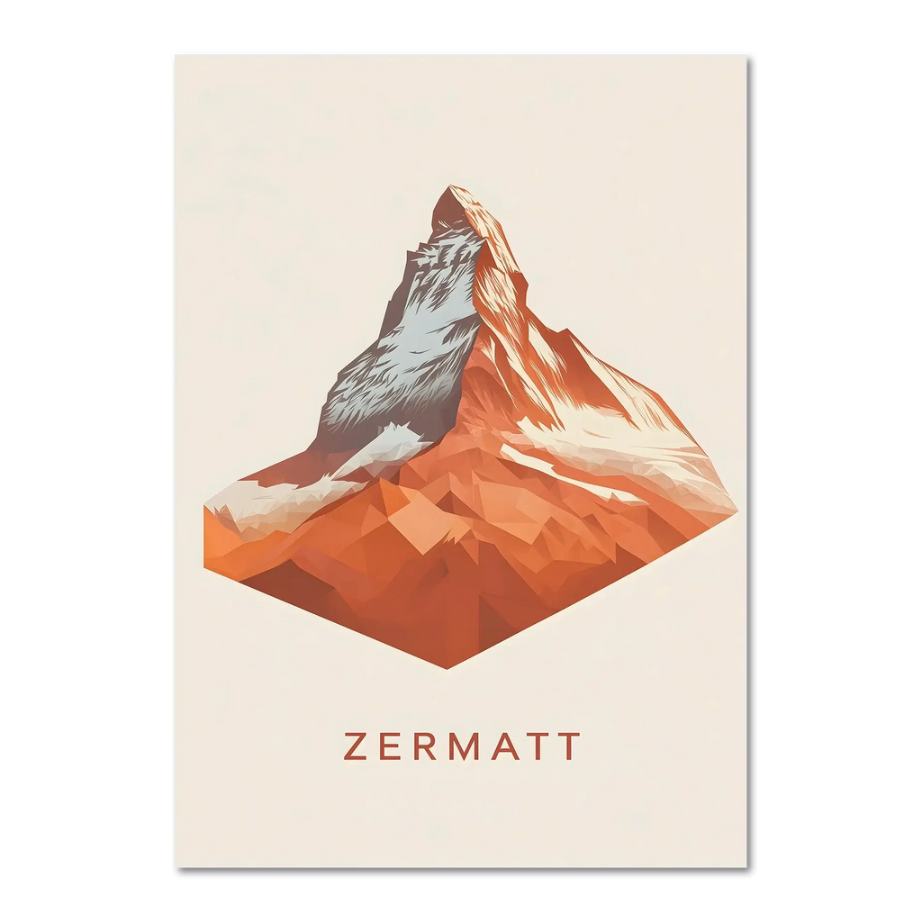 Zermatt – The Iconic Matterhorn - Poster featuring a geometric mountain design in orange and white tones.