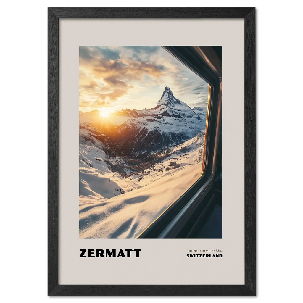 Zermatt - The Matterhorn - Poster featuring sunrise over the Matterhorn from a mountain train window.