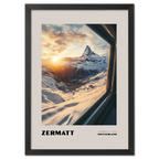 Zermatt - The Matterhorn - Poster featuring sunrise over the Matterhorn from a mountain train window.