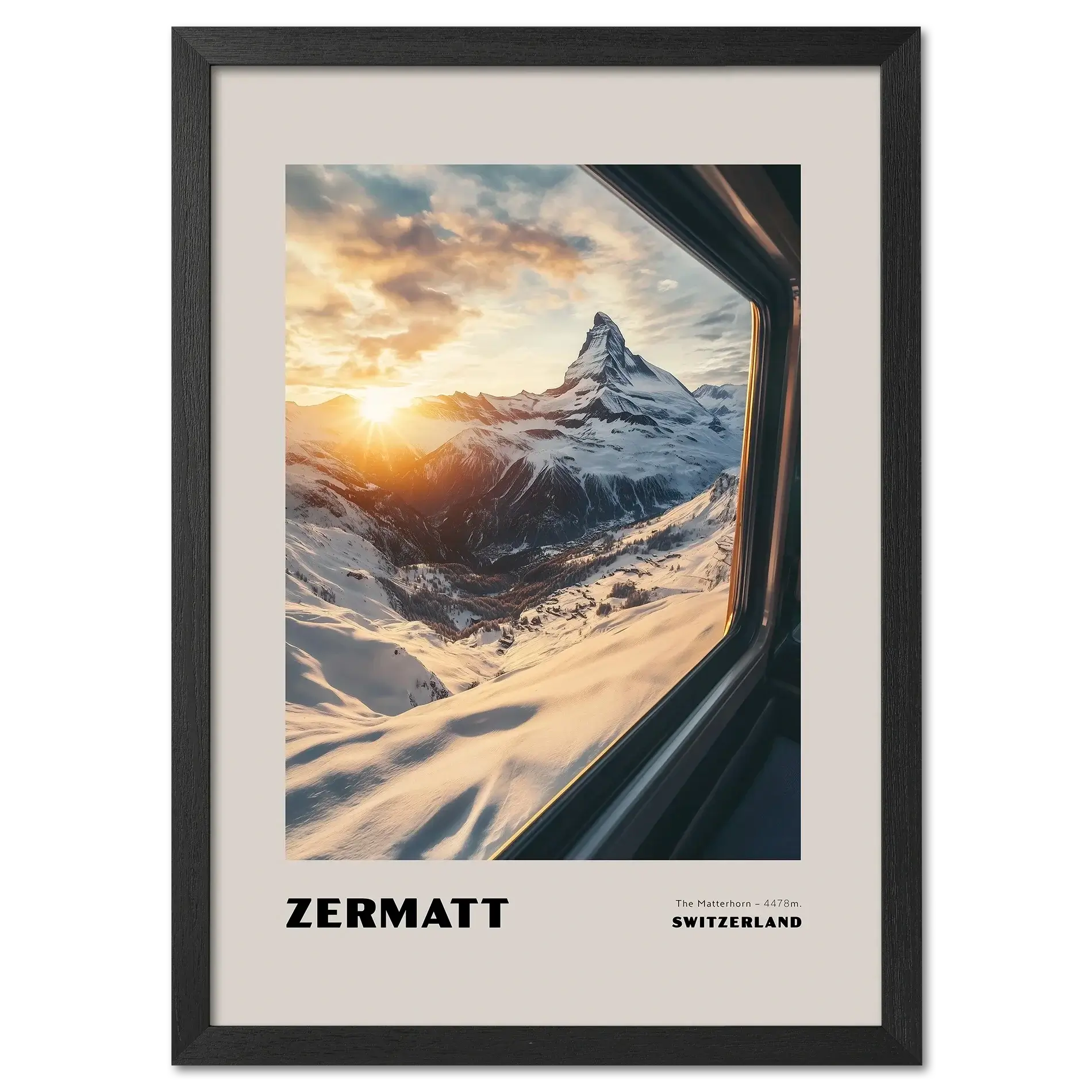 Zermatt - The Matterhorn - Poster featuring sunrise over the Matterhorn from a mountain train window.