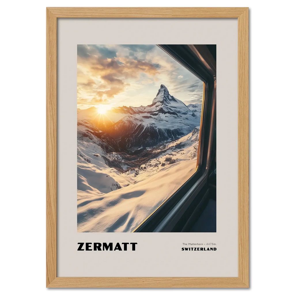 Zermatt - The Matterhorn - Poster featuring sunrise view from mountain train in the Swiss Alps.