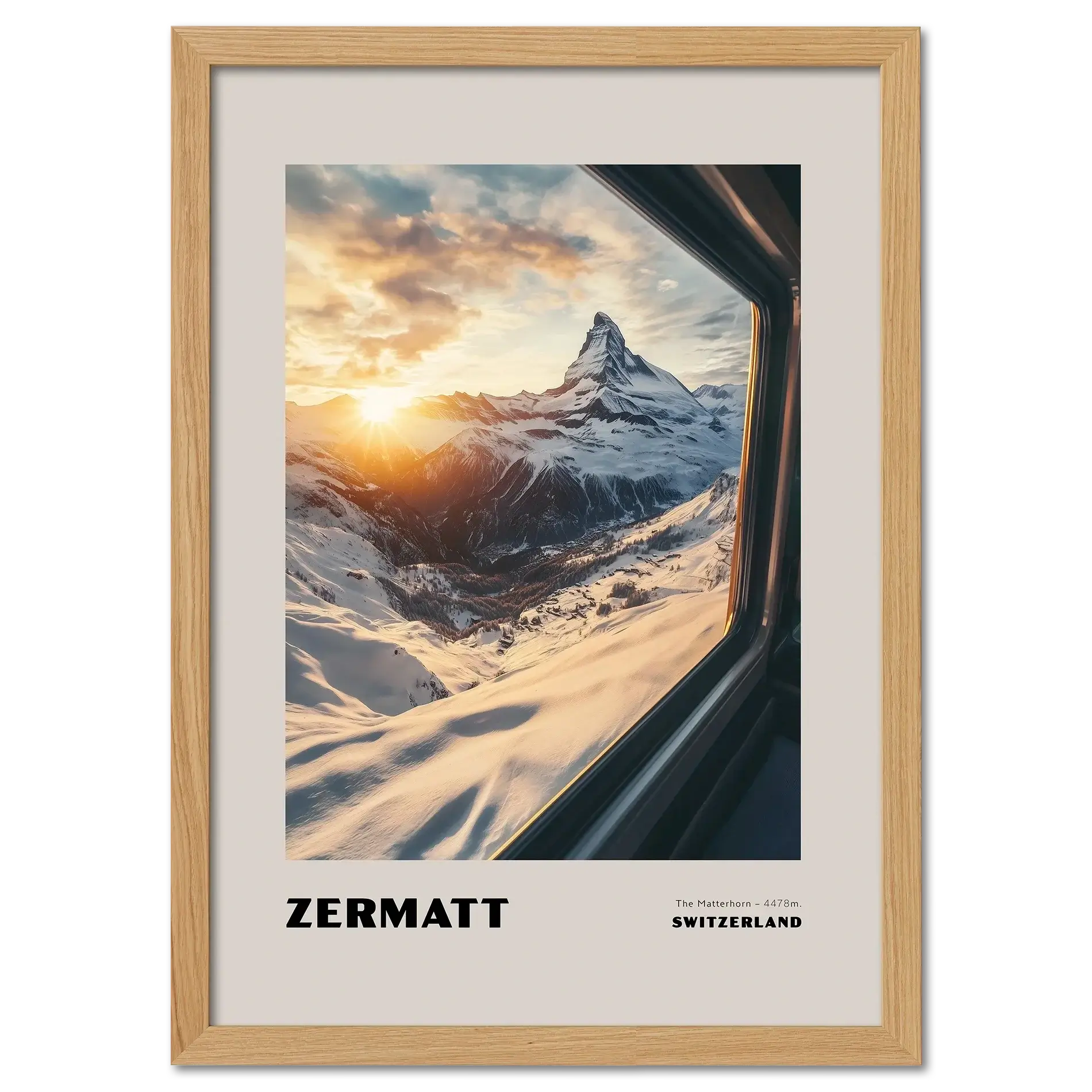 Zermatt - The Matterhorn - Poster featuring sunrise view from mountain train in the Swiss Alps.