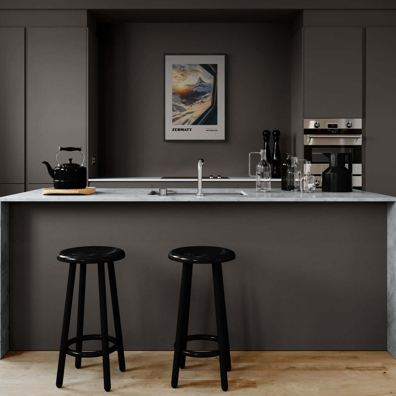 Zermatt - The Matterhorn - Poster displayed in a modern kitchen with black stools and sleek grey cabinetry.