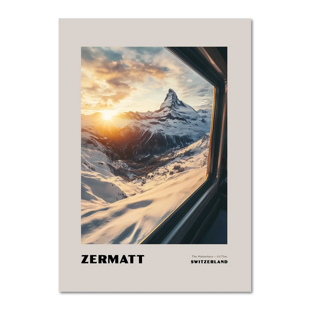 Zermatt - The Matterhorn - Poster showcasing sunrise over snow-covered peaks from a train window in Switzerland.
