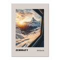 Zermatt - The Matterhorn - Poster showcasing sunrise over snow-covered peaks from a train window in Switzerland.