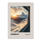 Zermatt - The Matterhorn - Poster showcasing sunrise over snow-covered peaks from a train window in Switzerland.
