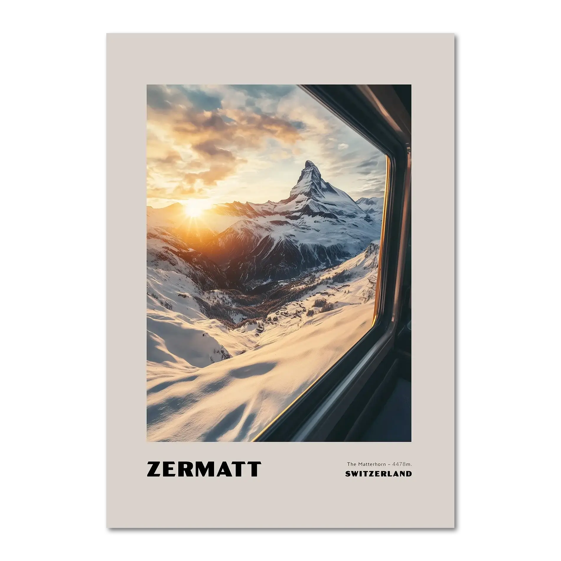 Zermatt - The Matterhorn - Poster showcasing sunrise over snow-covered peaks from a train window in Switzerland.