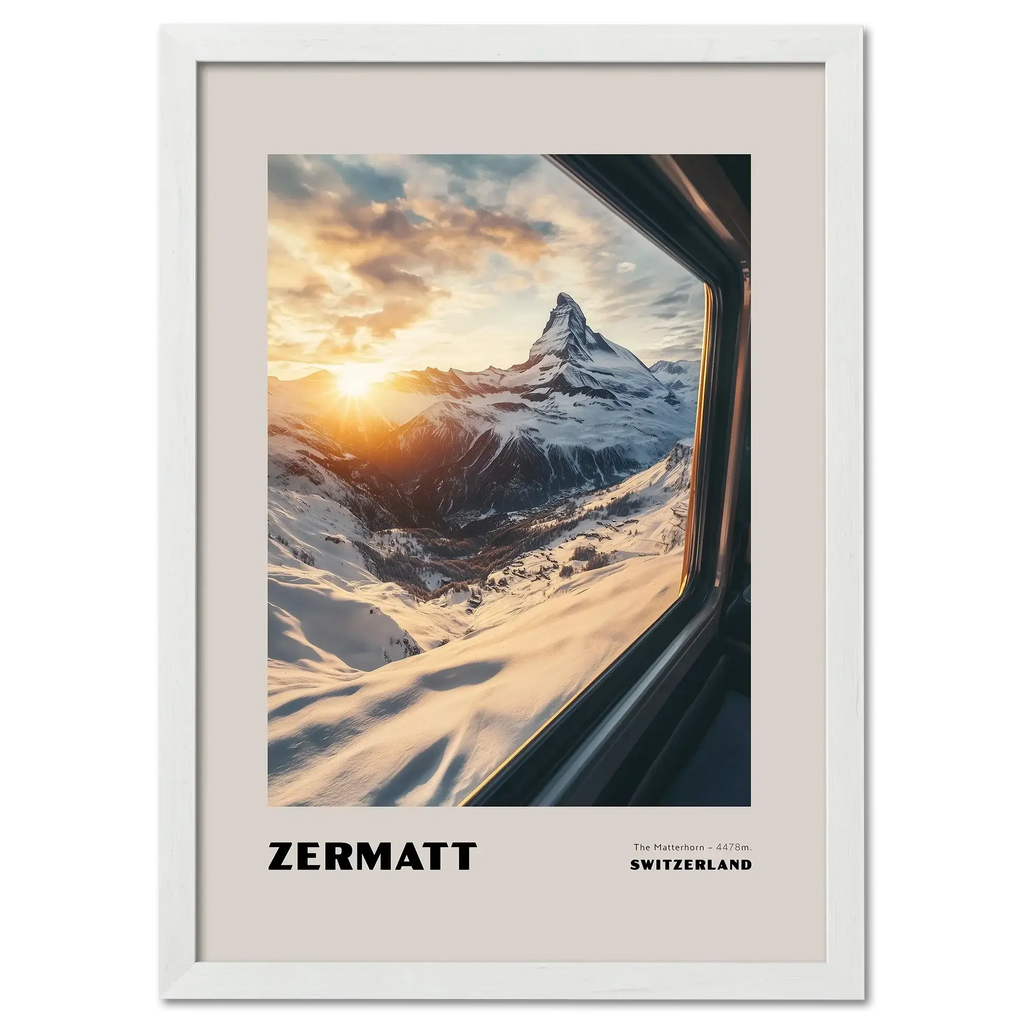 Zermatt - The Matterhorn - Poster showcasing the Matterhorn at sunrise from a mountain train window in Switzerland.