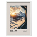 Zermatt - The Matterhorn - Poster showcasing the Matterhorn at sunrise from a mountain train window in Switzerland.