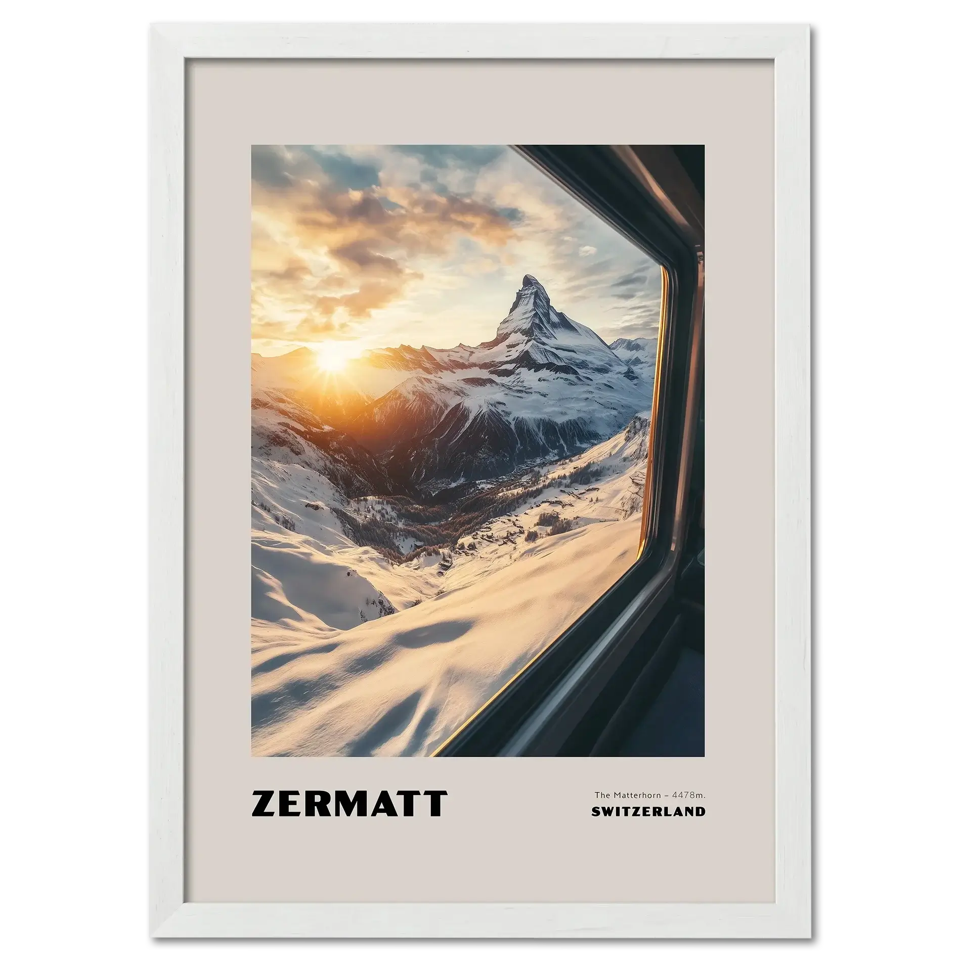 Zermatt - The Matterhorn - Poster showcasing the Matterhorn at sunrise from a mountain train window in Switzerland.
